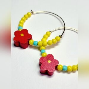 Handmade Red Yellow Flower Hoop Earrings 18k Gold Plated